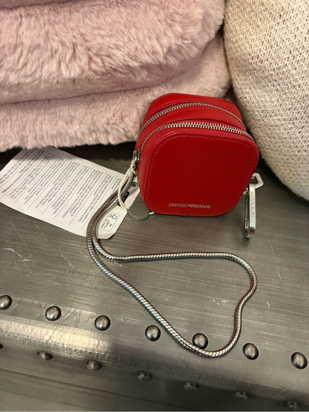 Emporio Armani Red Mini Leather coin purse / airpod case with Silver Chain
